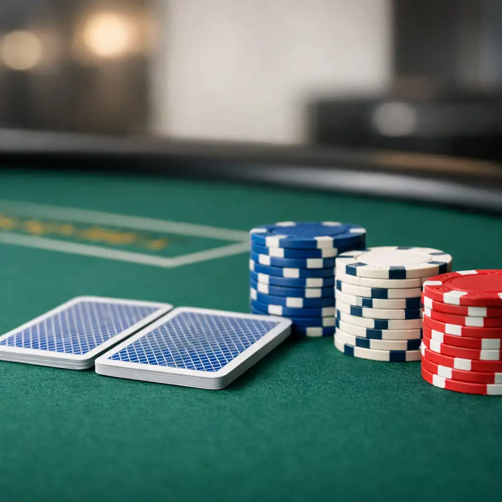 Detailaufnahme eines Blackjack-Tisches mit echten Spielkarten und Chips