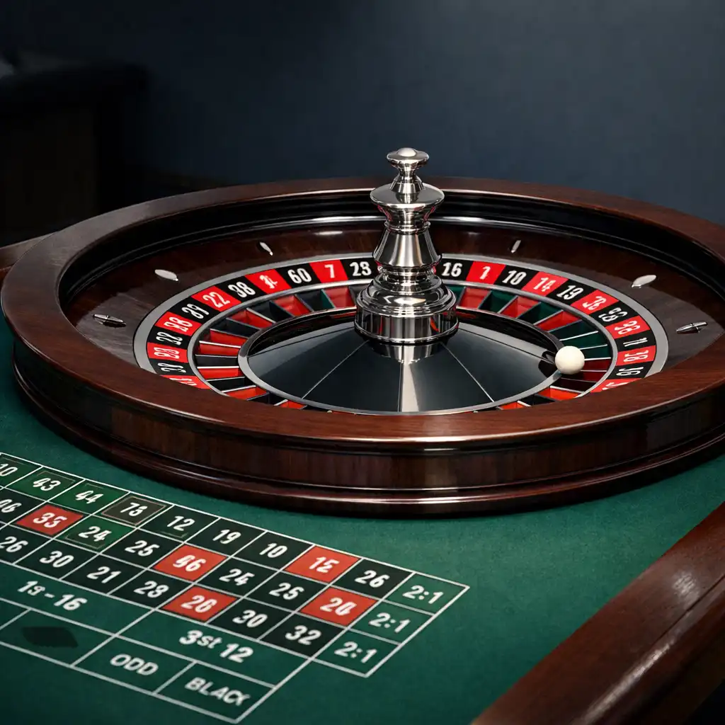 Nahaufnahme eines physischen Roulette-Tisches in einem ruhigen, dunklen Raum mit dunklem Holz, grünem Filz und einem silbernen Kessel