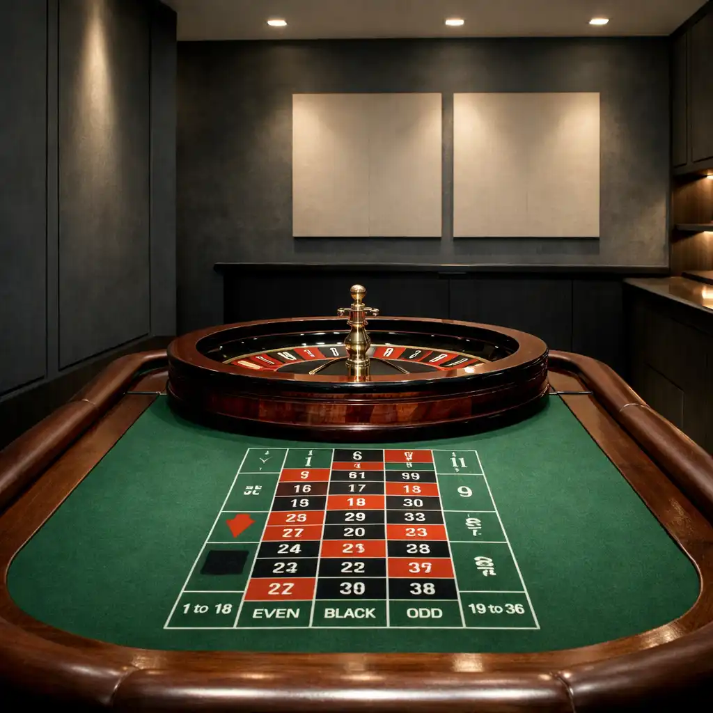 Physischer Roulette-Tisch in einem ruhigen, architektonisch gestalteten Raum mit Graphit-Wänden