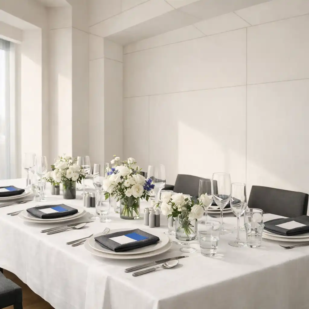 Elegant gedeckter Tisch in einem hellen, architektonisch klaren Raum