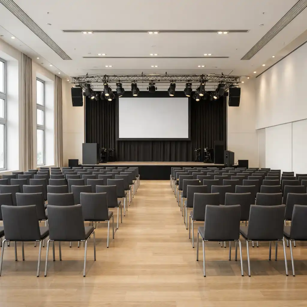 Hauptsaal der VERANSTALVEX Eventlocation in Leipzig mit Bühne und Bestuhlung