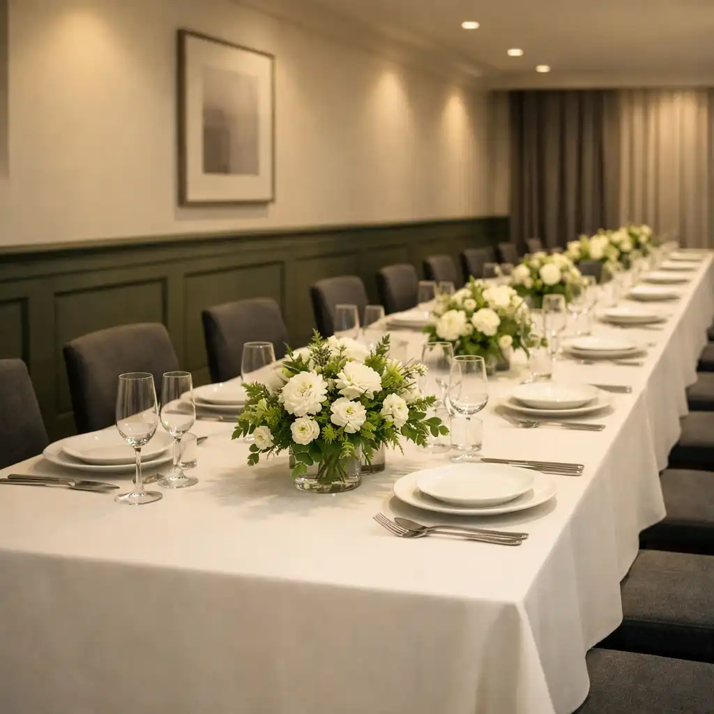 Festlich gedeckte lange Tafel in einem eleganten Raum für private Feiern bei VERANSTALVEX